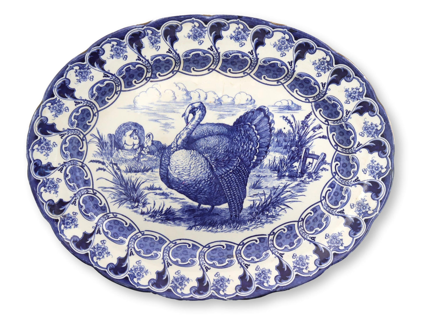 Antique Flow Blue Transferware Turkey Platter