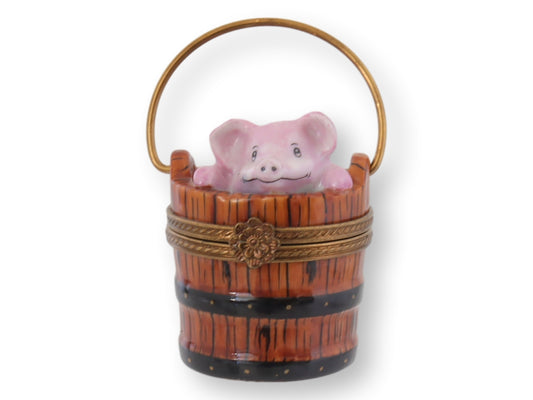 Limited Edition Limoges France Pig in a Wash Bucket Ring Box