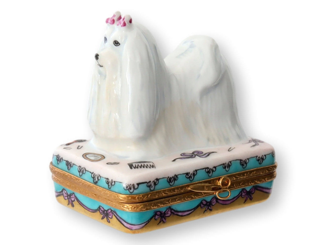 Limited Edition Limoges France Long Haired White Schnauzer Trinket / Ring Box