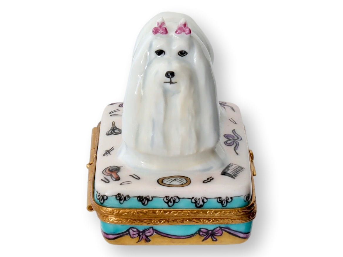 Limited Edition Limoges France Long Haired White Schnauzer Trinket / Ring Box