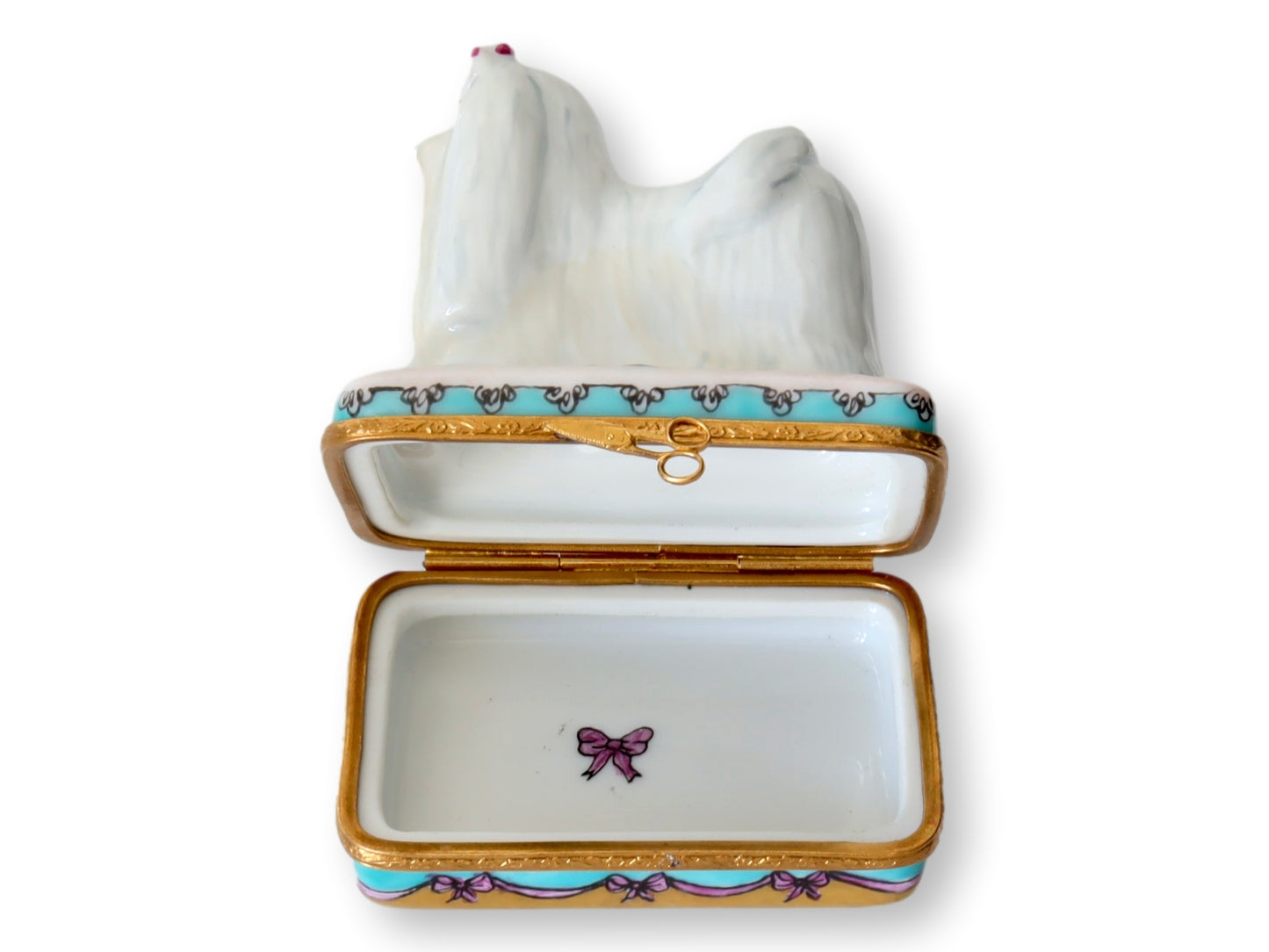 Limited Edition Limoges France Long Haired White Schnauzer Trinket / Ring Box