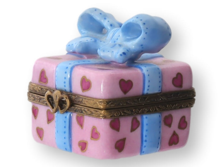 French Limoges Heart Wrapped Present / Gift Trinket Box