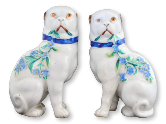 Antique German Dresden Porcelain Pugs w/ Flower Garlands