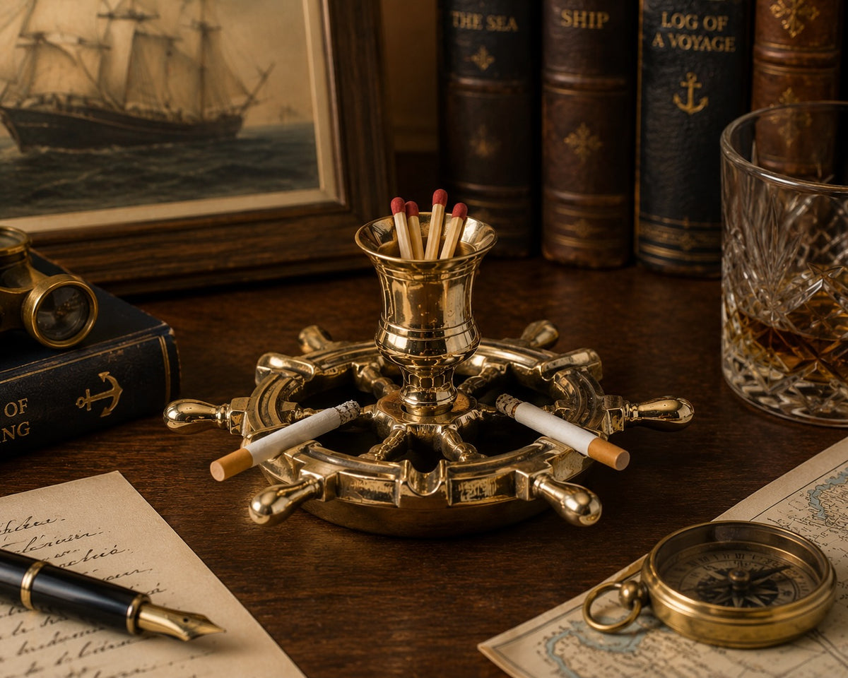 Antique Brass Ship's Wheel Ashtray with Match Holder