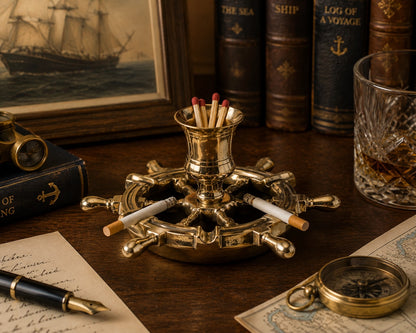 Antique Brass Ship's Wheel Ashtray with Match Holder