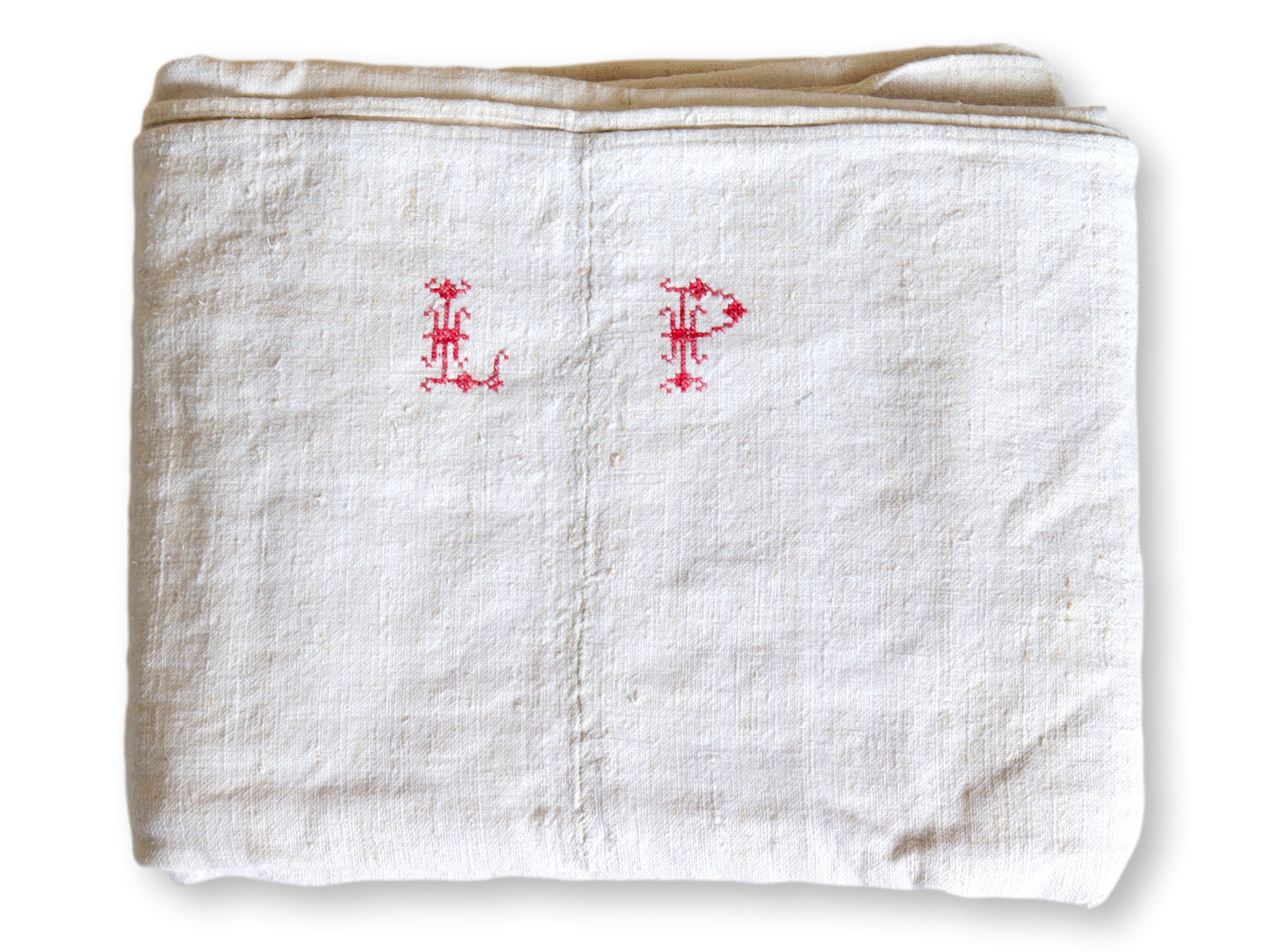 Antique French Linen Tablecloth w/ LP Monogram - 72" x 89"