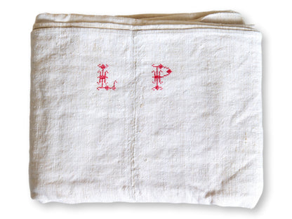 Antique French Linen Tablecloth w/ LP Monogram - 72" x 89"
