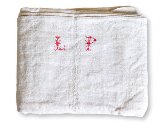 Antique French Linen Tablecloth w/ LP Monogram - 72" x 89"