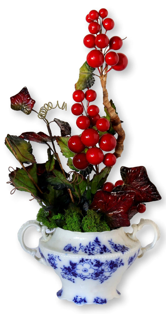 Victorian Flow Blue Centerpiece with Winter Foliage - C. 1880