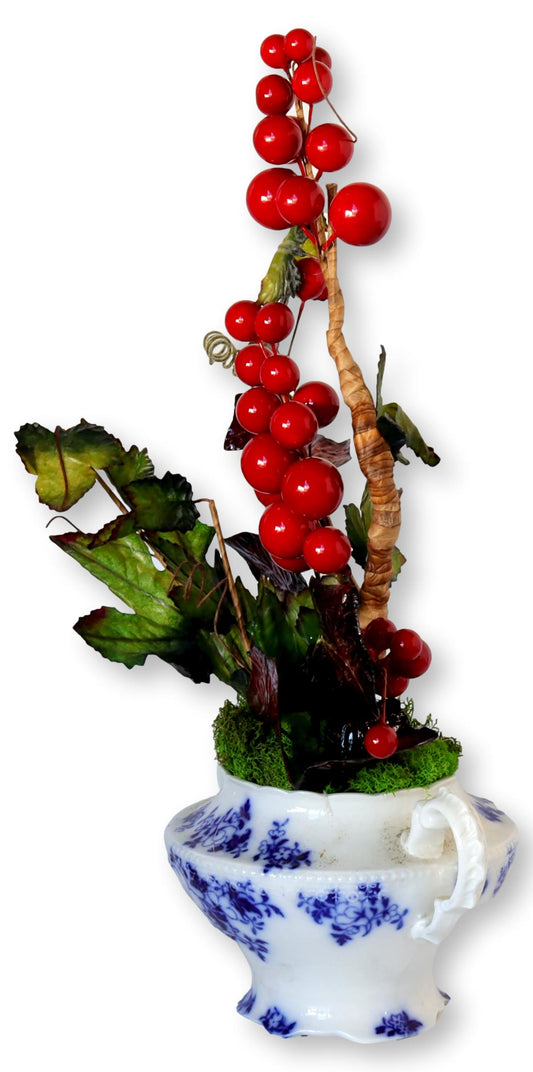 Victorian Flow Blue Centerpiece with Winter Foliage - C. 1880