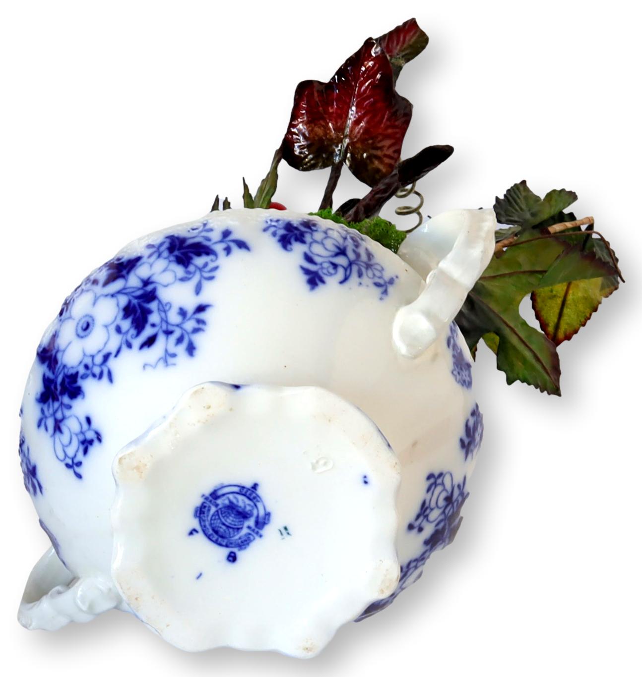 Victorian Flow Blue Centerpiece with Winter Foliage - C. 1880