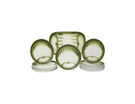 1960s French Green Asparagus Serving Set, 14 Pieces