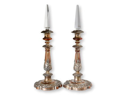 Antique Sheffield Candlesticks w/Crystal Lustres