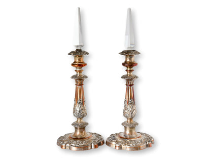 Antique Sheffield Candlesticks w/Crystal Lustres