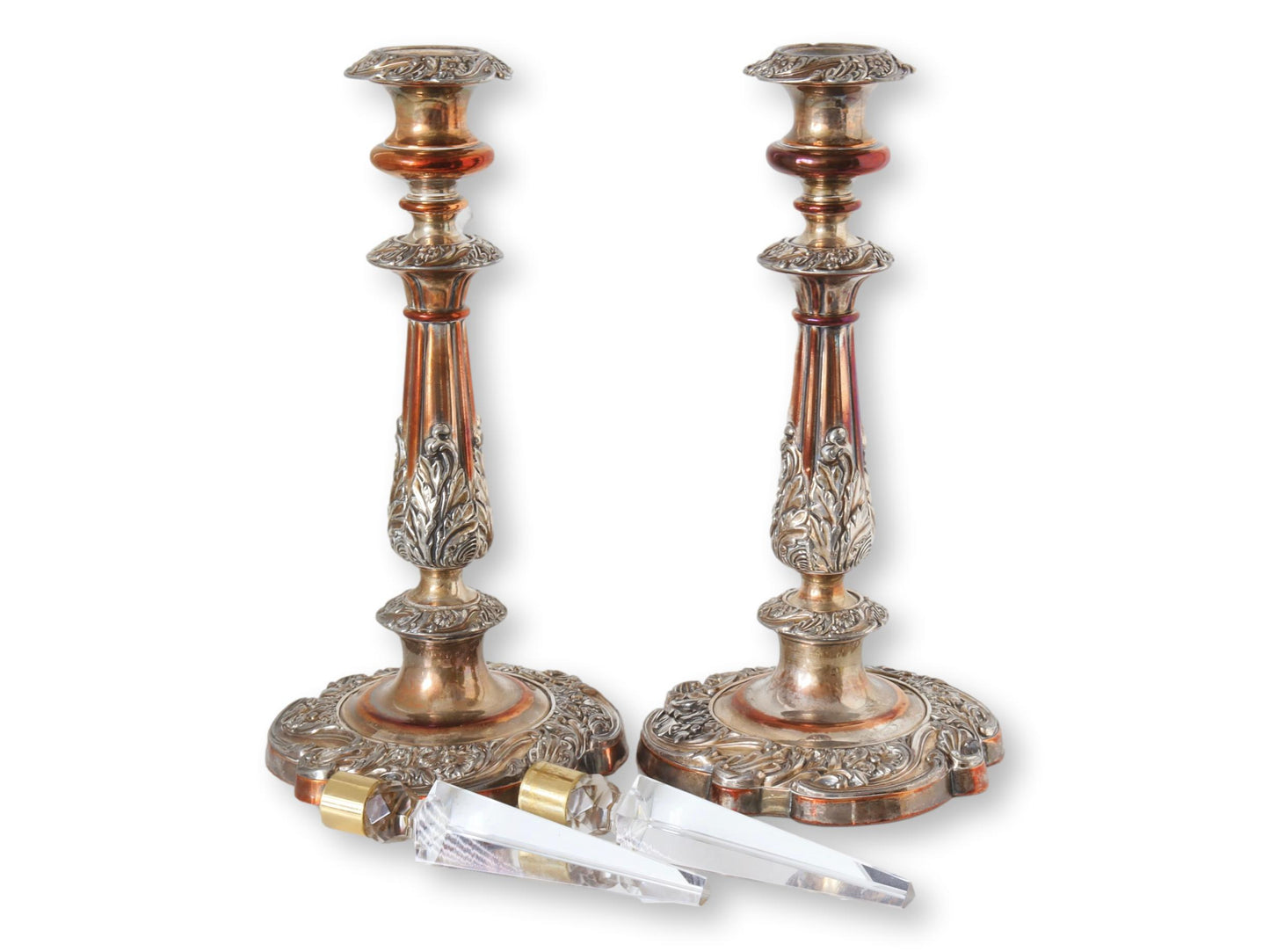 Antique Sheffield Candlesticks w/Crystal Lustres