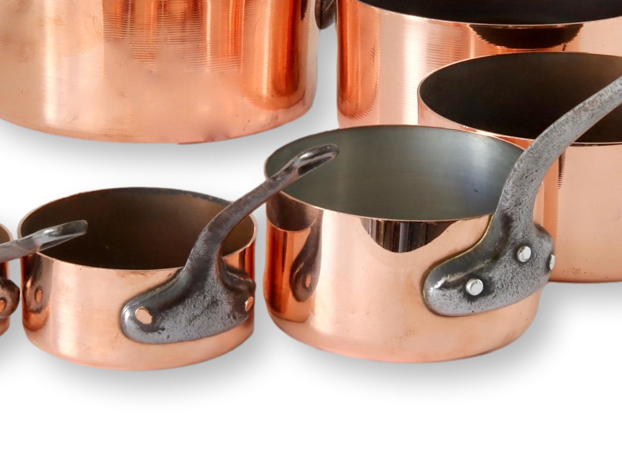 Vintage French Copper Sous Chef's Pans, Set of 6