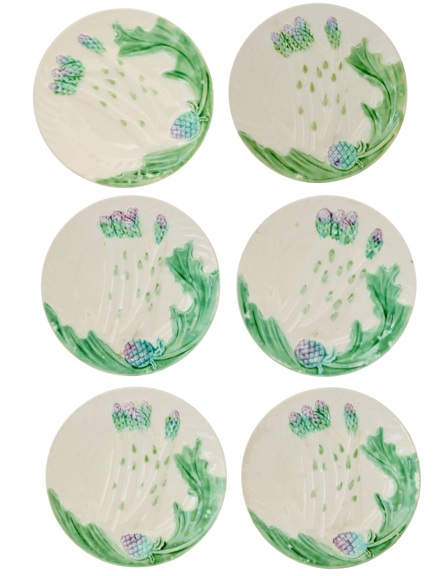 19th-Century French Majolica Salins Les Bains Artichoke Asparagus Plates, Set of 6