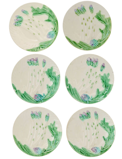 19th-Century French Majolica Salins Les Bains Artichoke Asparagus Plates, Set of 6