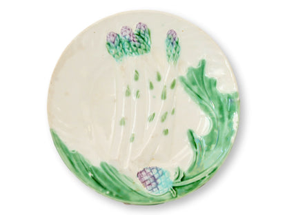 19th-Century French Majolica Salins Les Bains Artichoke Asparagus Plates, Set of 6