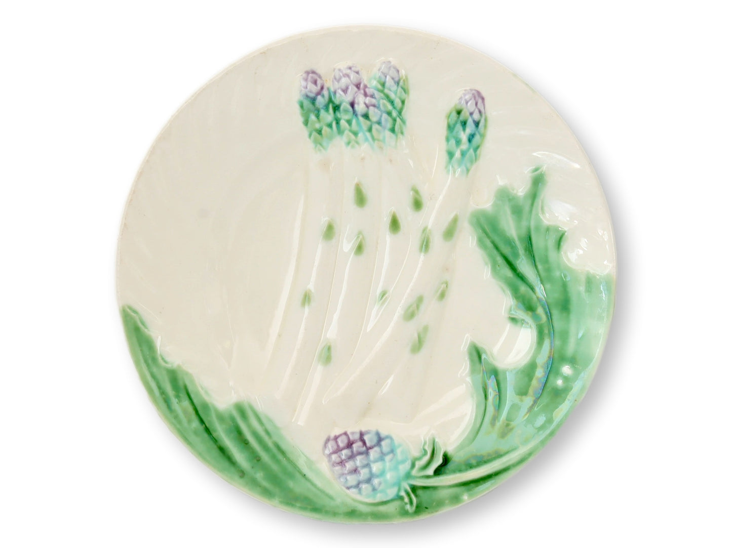 19th-Century French Majolica Salins Les Bains Artichoke Asparagus Plates, Set of 6