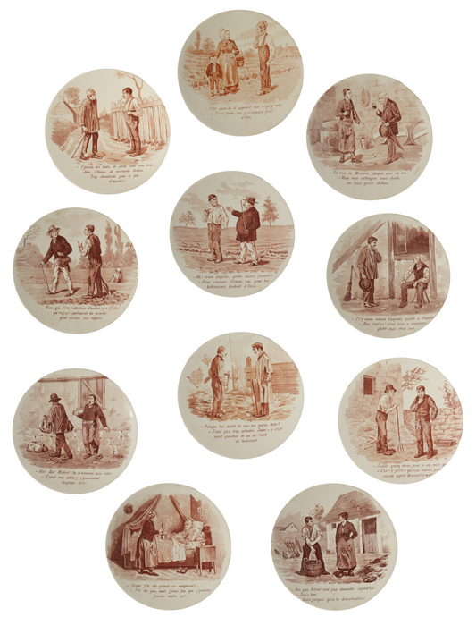 Antique French "Peasant Farm" Story Plates, Set of 12