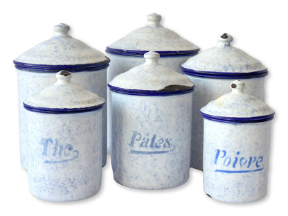 1920s French Enameled Kitchen Canisters - "Smoke on the Mountain"