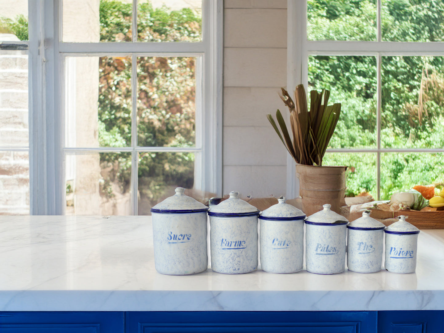 1920s French Enameled Kitchen Canisters - "Smoke on the Mountain"