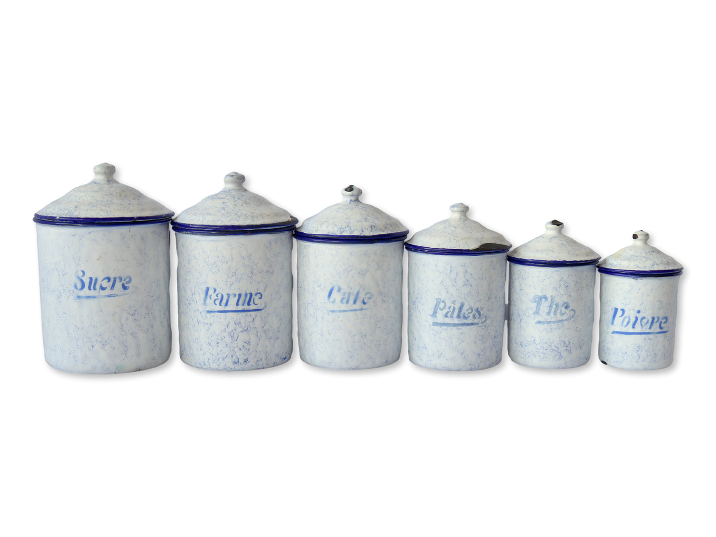 1920s French Enameled Kitchen Canisters - "Smoke on the Mountain"