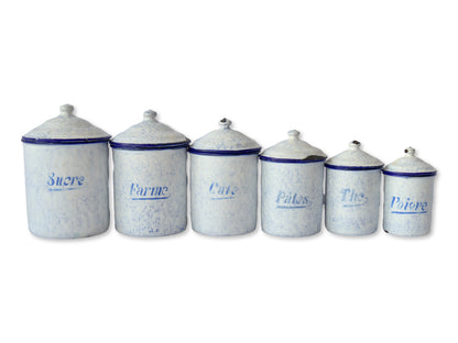 1920s French Enameled Kitchen Canisters - "Smoke on the Mountain"
