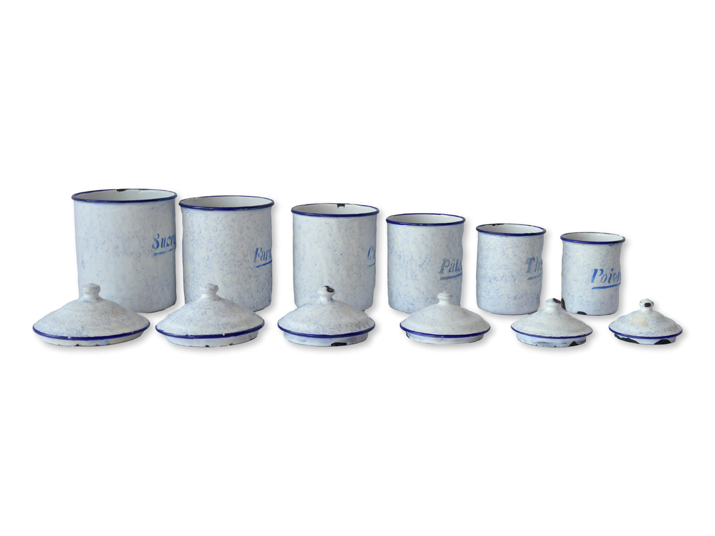 1920s French Enameled Kitchen Canisters - "Smoke on the Mountain"