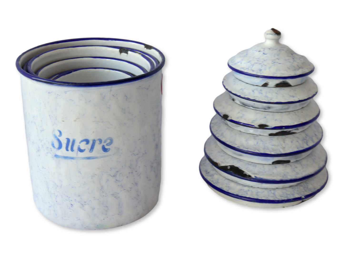 1920s French Enameled Kitchen Canisters - "Smoke on the Mountain"