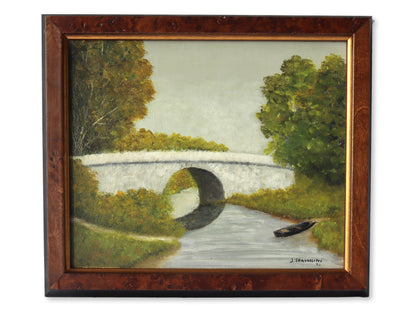 Vintage French Landscape W/ Stone Bridge and Boat Painting