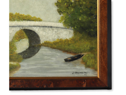 Vintage French Landscape W/ Stone Bridge and Boat Painting