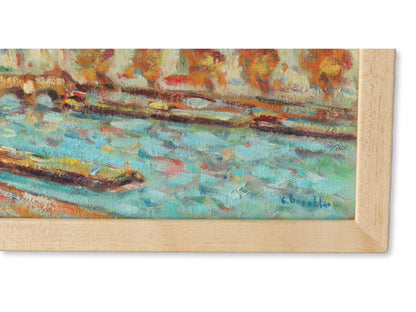 Midcentury Small French Paris Riverboat Painting