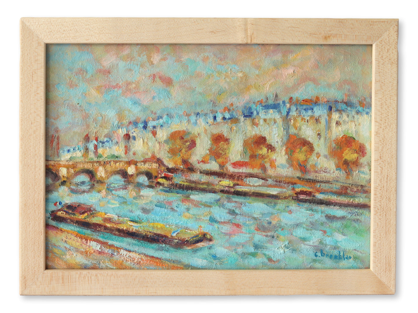 Midcentury Small French Paris Riverboat Painting