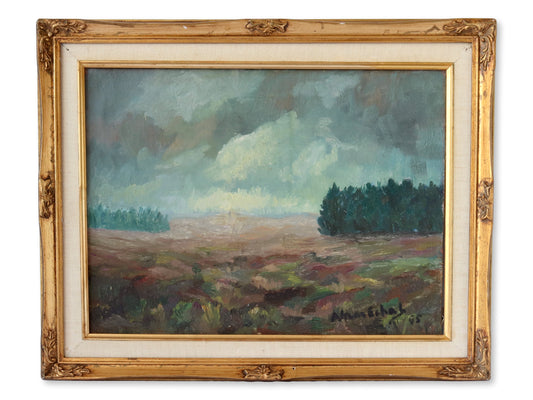 Antique Stormy Sky Over Rural French Countryside Oil Painting