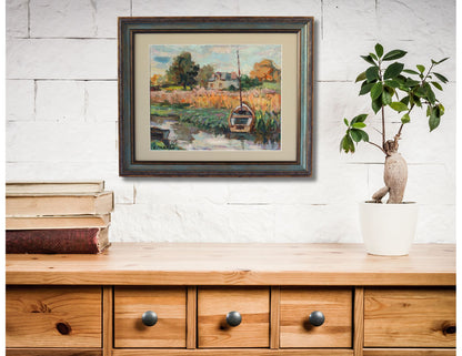 Antique French Rural Farmhouse & Canal Painting