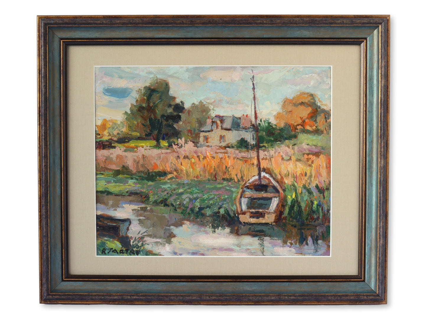 Antique French Rural Farmhouse & Canal Painting