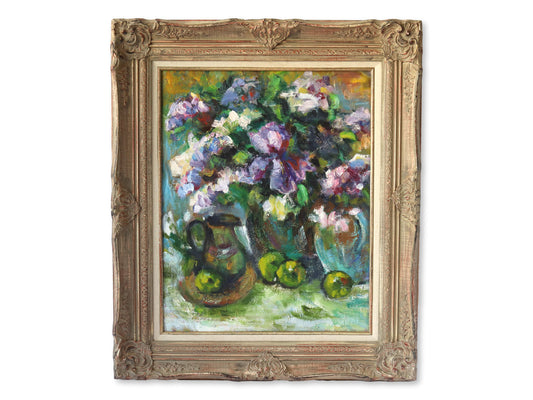 Midcentury French Iris & Lilac" Still Life Oil Painting