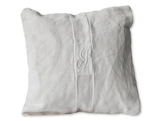 Antique French Linen Petite Pillow w/ Hand-Stitched "J" Monogram