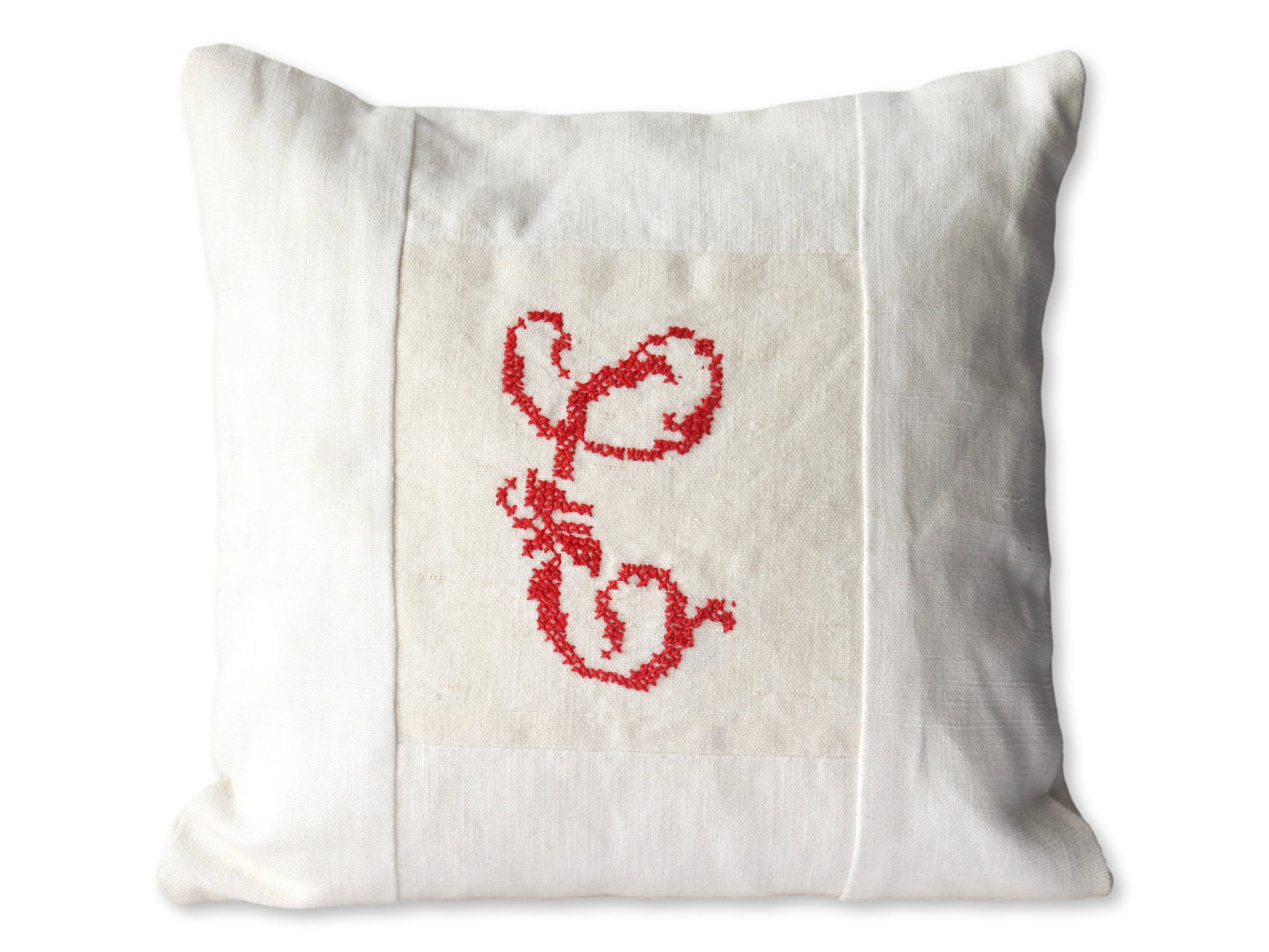 Antique French Linen Petite Decorative Pillow w/ Hand-Stitched "C" Monogram