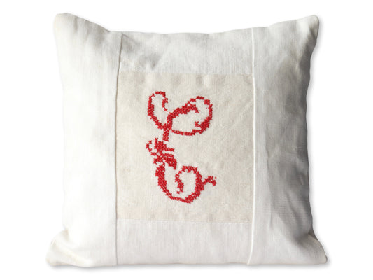 Antique French Linen Petite Decorative Pillow w/ Hand-Stitched "C" Monogram