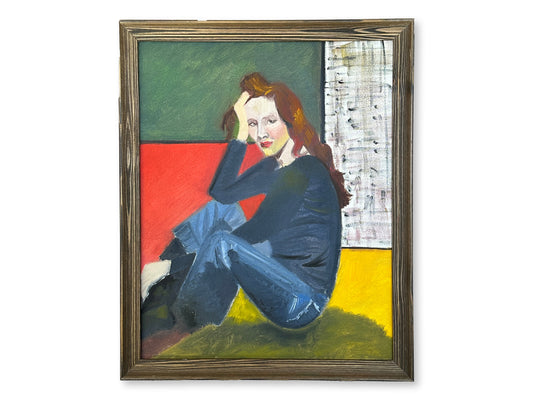 Midcentury French Oil Painting of a Contemplative Redhead in Denim