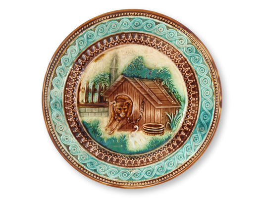 C. 1890 French Majolica Trivet – Dog & Kennel Scene