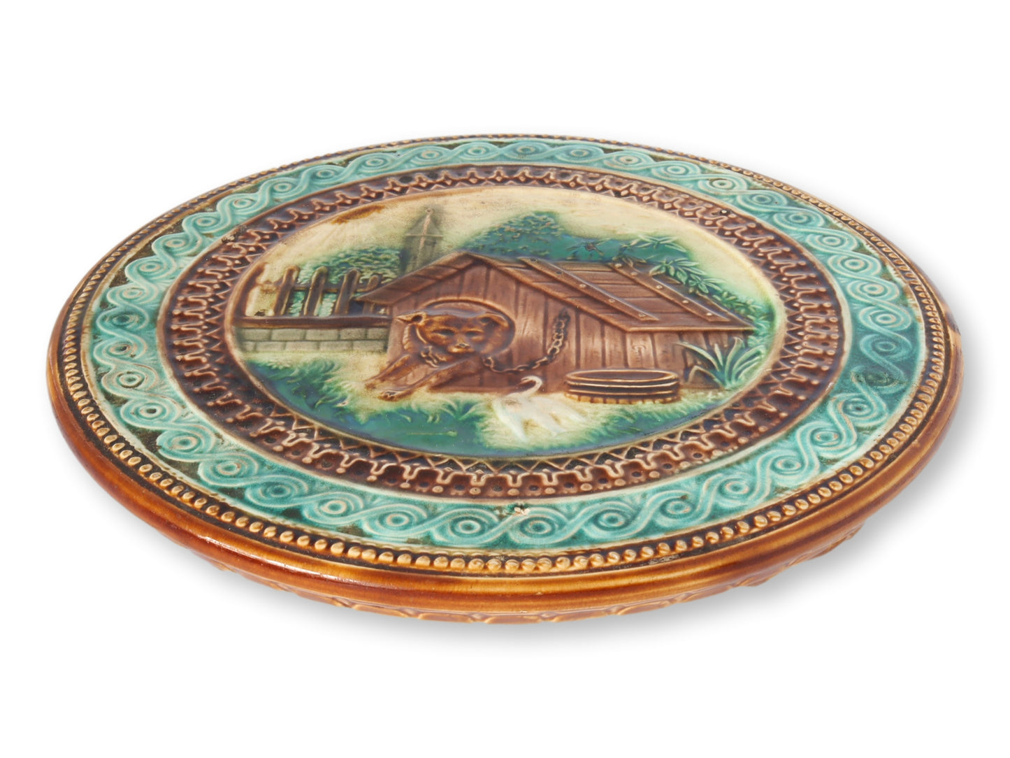 C. 1890 French Majolica Trivet – Dog & Kennel Scene
