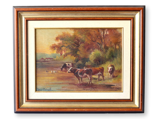 French Pastoral Landscape w/ Cows Oil Painting, Dated 1931