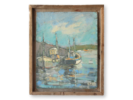 Midcentury Harbor Scene w/ Fishing Boats