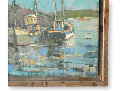 Midcentury Harbor Scene w/ Fishing Boats