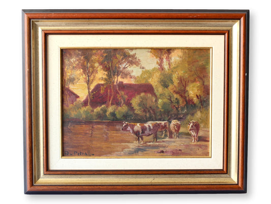 French Pastoral Landscape W/ Cows Oil Painting, Dated 1931