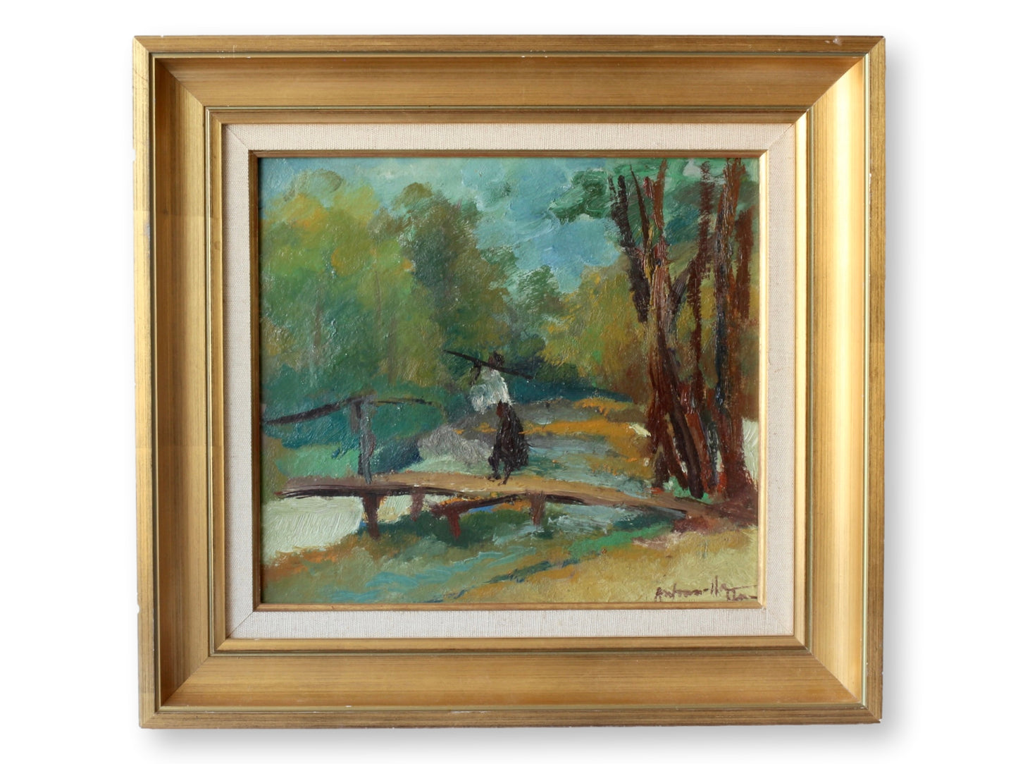 Midcentury French Bridge Scene Painting